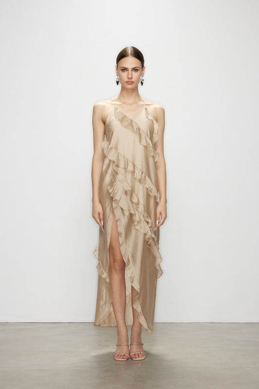 Artel Retro Wave Kiss Light Brown Ruffled High-Slit Dress