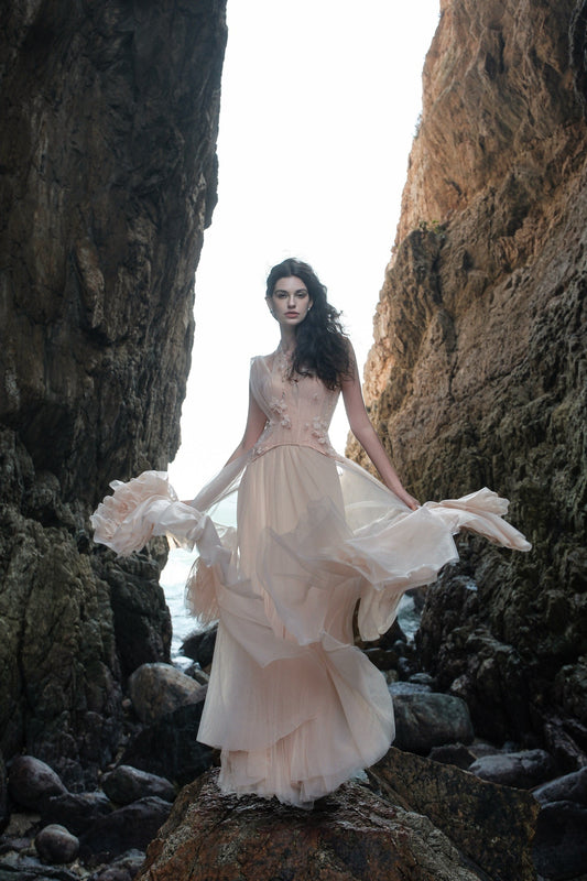 Sheer Luck Tidal Heavy Lace Corset Tulle Dress (Pink)