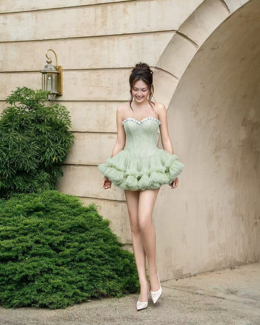 LANE CI Bloom: Floral Strapless Fit-and-Flare Dress with Boning (Green)