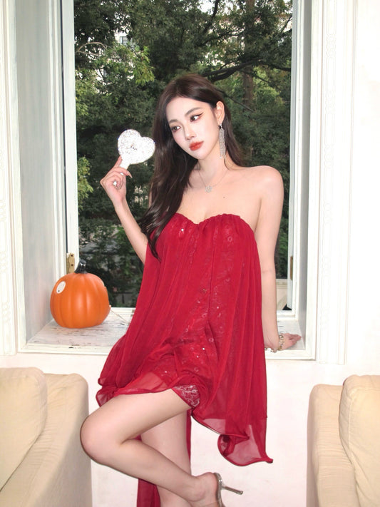 Sheer Luck Thiri Chiffon Strapless Ruffled Flounce Dress (Red)