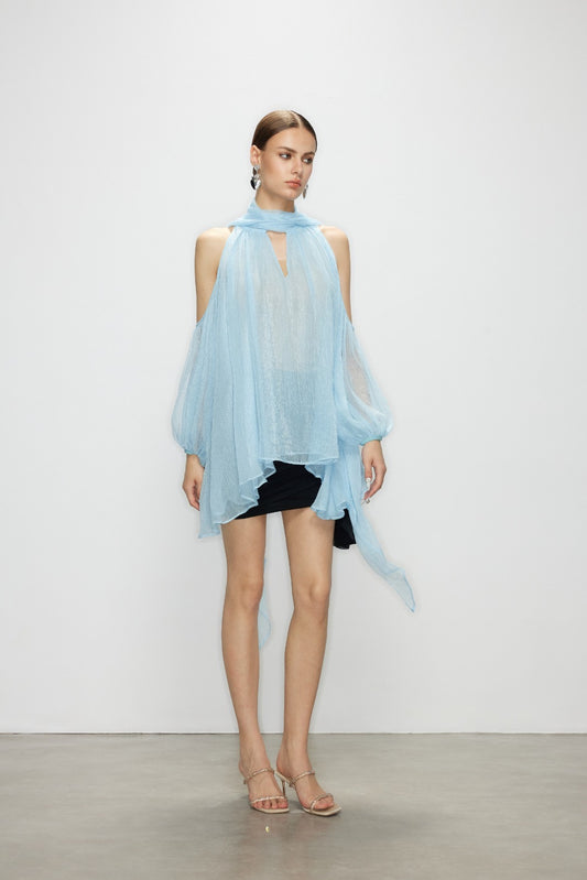 Artel Retro Light Blue Off-Shoulder Ribbon Top