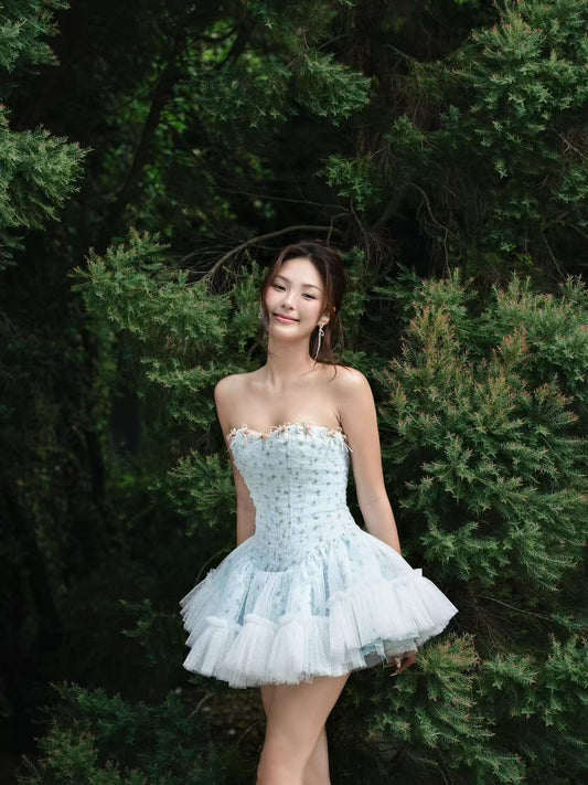 LANE CI Gami: Floral Strapless Fit-and-Flare Dress with Boning (Blue)
