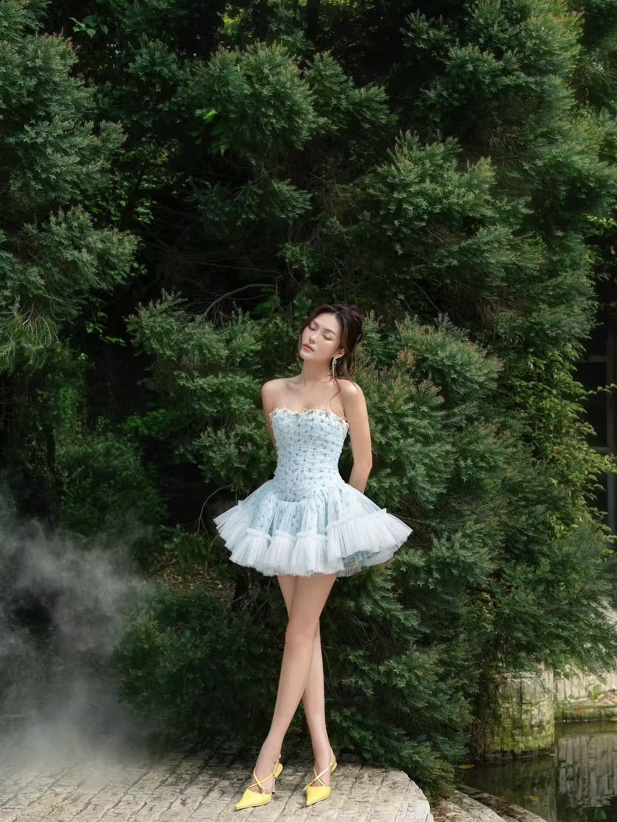 LANE CI Gami: Floral Strapless Fit-and-Flare Dress with Boning (Blue)