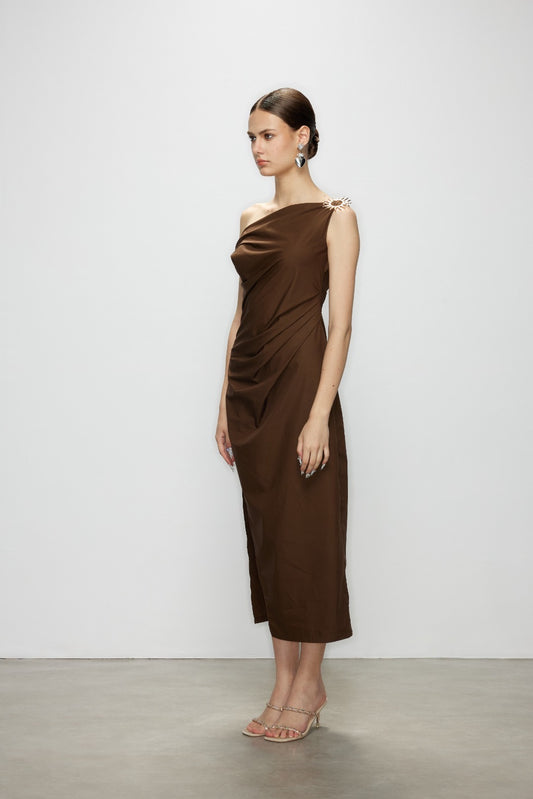 Artel Retro Brown Off-Shoulder Long Split Midi Dress