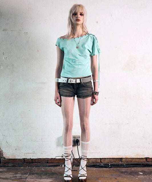 NOTKNOWING One Shoulder Lace Up Top (MINT)