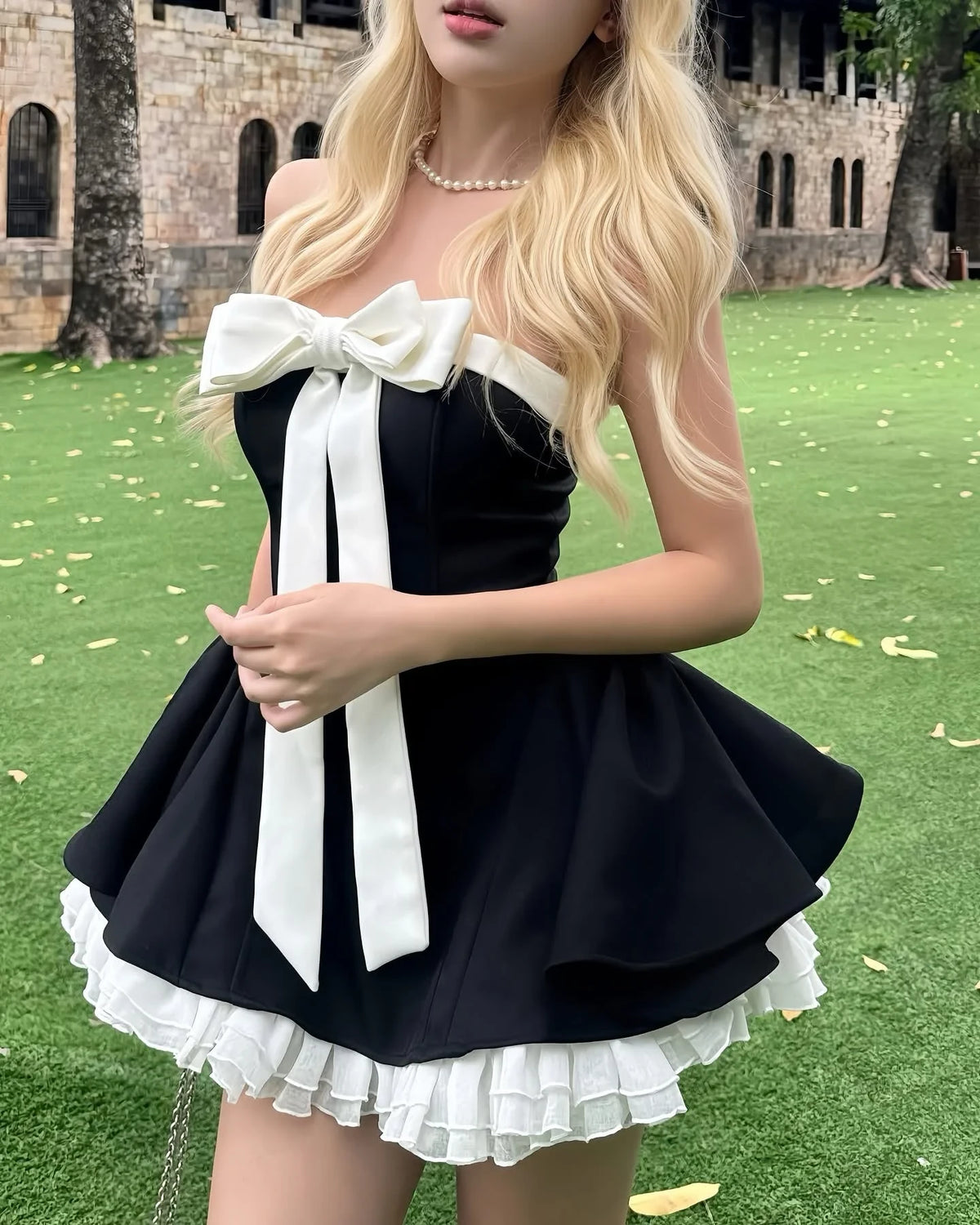 LANE CI Strapless Fit-and-Flare Skirt Set with Bowknot (Black)
