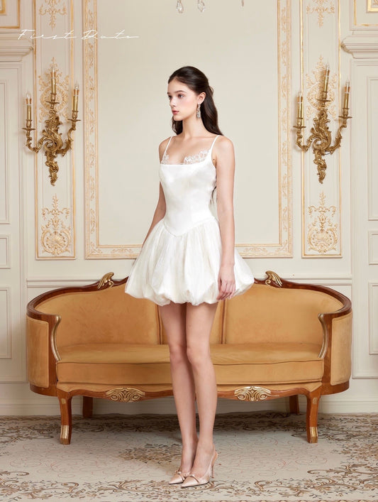 First Date White Spaghetti Strap Bubble Dress