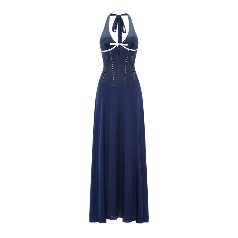 Sheer Luck Tasman V-Neck Cutout Waisted Neck Midi Dress (Navy Blue)