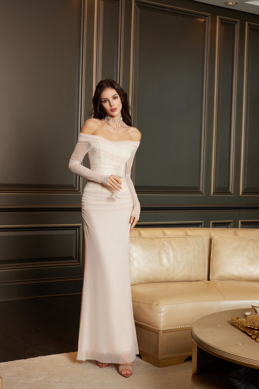 Sheer Luck Aurora Off-Shoulder MeshStretchy Corset Maxi Dress (White)