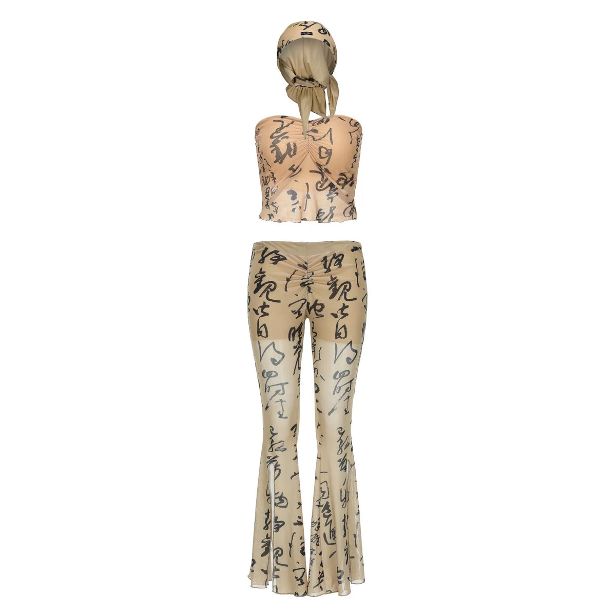Chinese Word Print Pleated tube top and Flared Pants Set