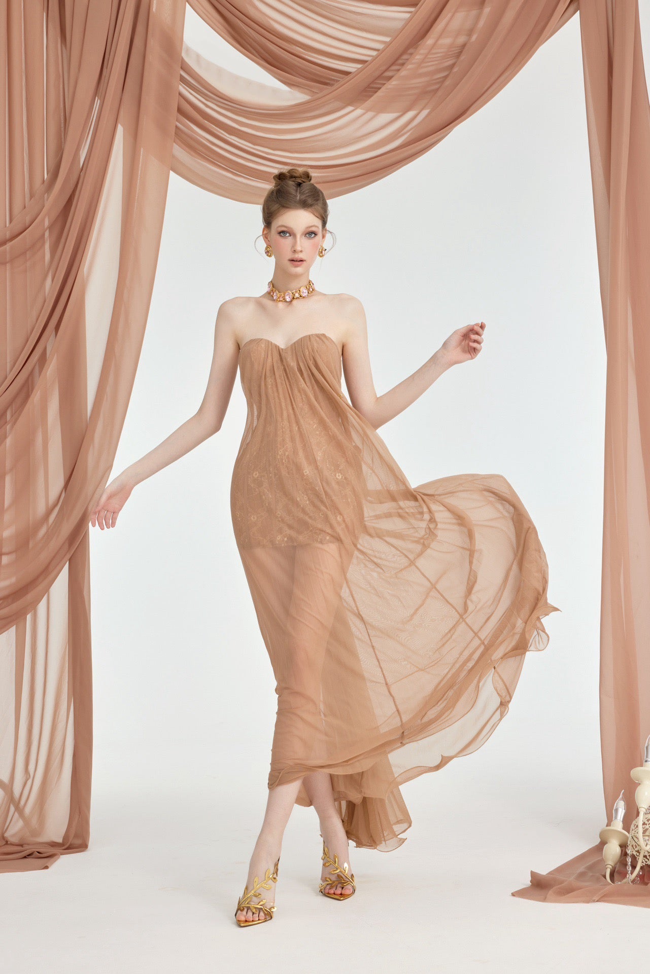 Sheer Luck Thea Sheath Mesh Backless Maxi Dress (Light Brown