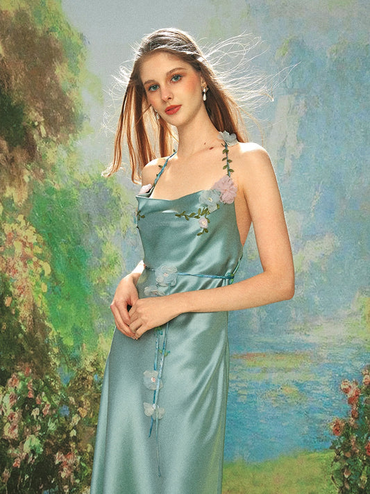 KINGWEN Satin Swing Collar Slip Maxi Halter Dress (Green)