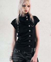 NOTKNOWING Drape Button Shirring Top (BLACK)