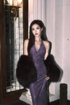 Xenasera Purple Snake Print Stretch Knit Backless Split Snake Maxi Dress