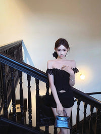 LANE CI Lace & Boning Strapless Bodycon Skirt Set with Streamers (Black)