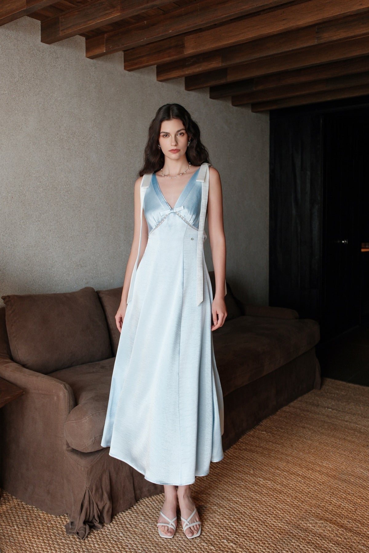 Sheer Luck Peggy Satin French V-Neck Open-Back Dress (Blue) – MUE NEW YORK