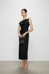 Artel Retro Black Off-Shoulder Long Split-Hem Midi Dress