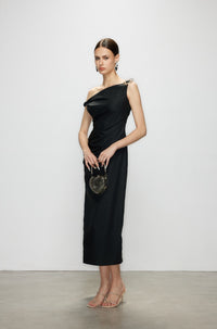 Artel Retro Black Off-Shoulder Long Split-Hem Midi Dress