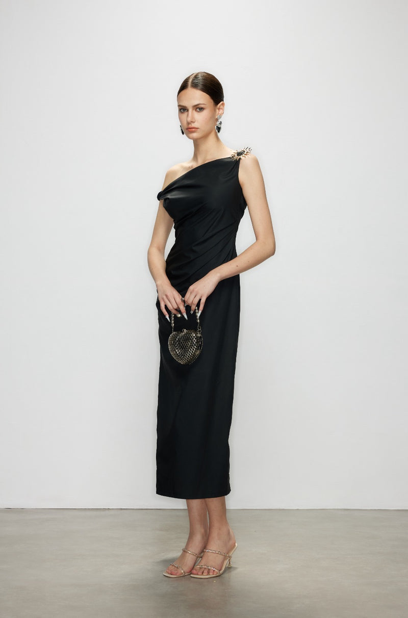 Artel Retro Black Off-Shoulder Long Split-Hem Midi Dress