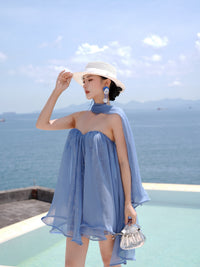 Sheer Luck Thiri Chiffon Strapless Ruffled Flounce Dress (Twilight Blue)