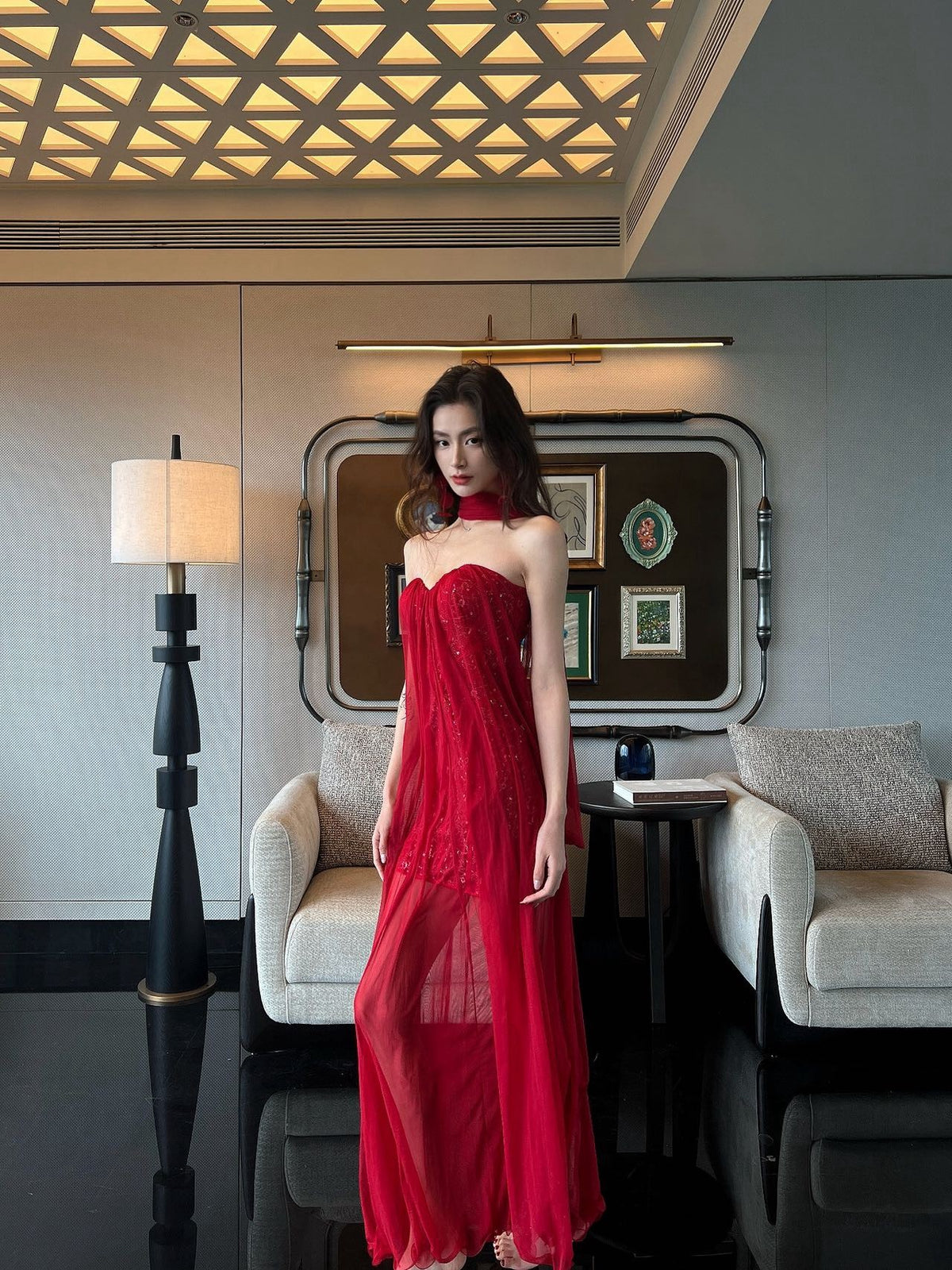 Sheer Luck Thea 抹胸网纱度假仙女风性感露背长款连衣裙