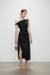 Artel Retro Black Off-Shoulder Long Split-Hem Midi Dress