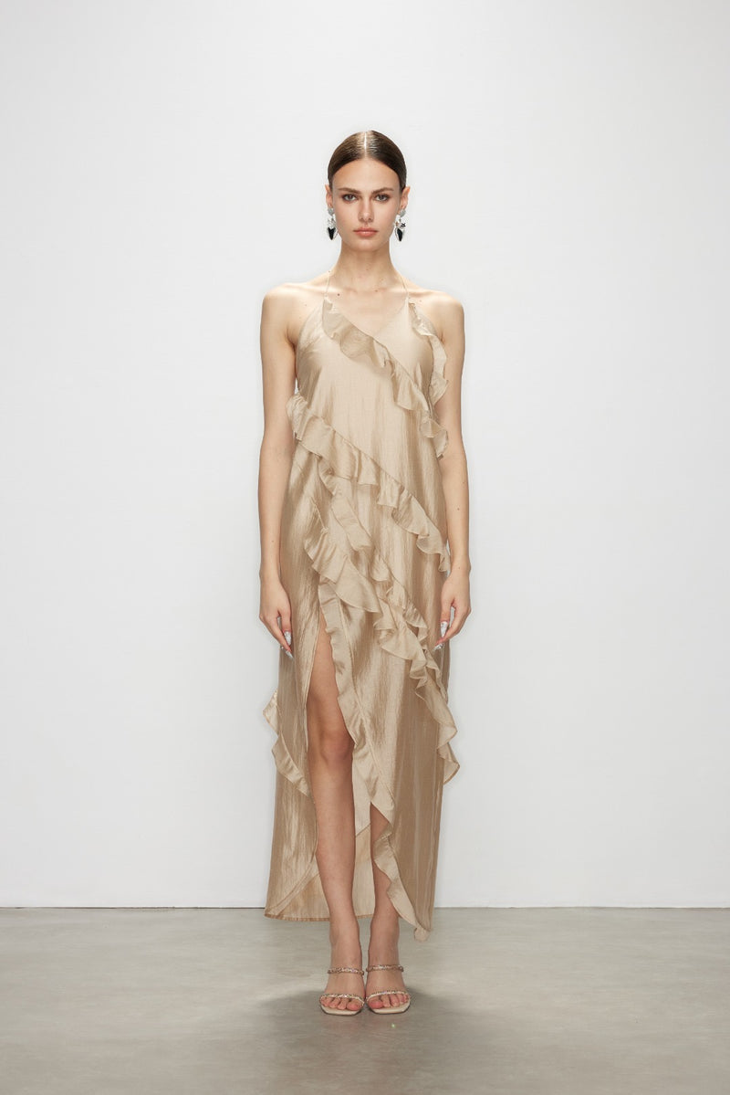 Artel Retro Wave Kiss Light Brown Ruffled High-Slit Dress