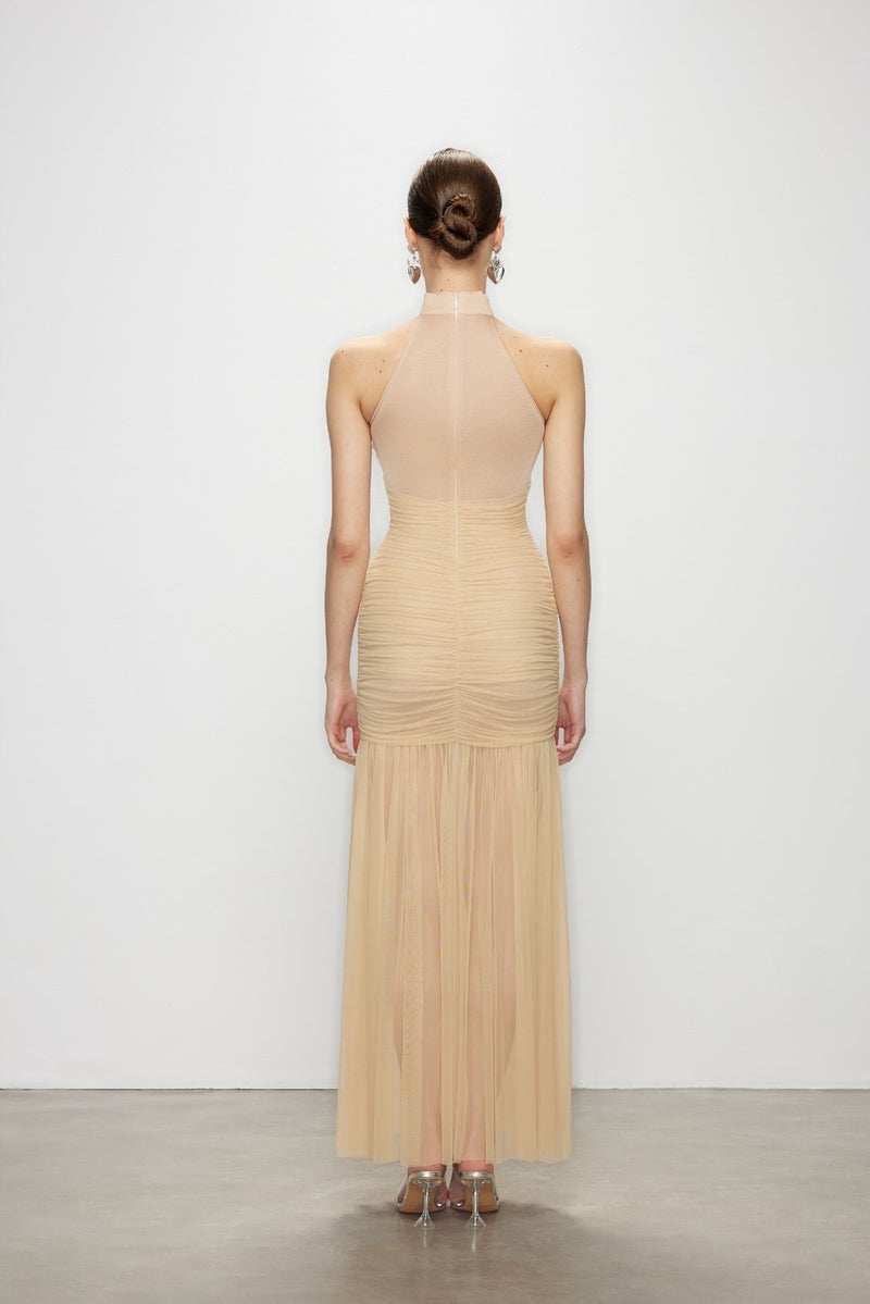 Artel Retro Halter Beige Mesh Midi Dress