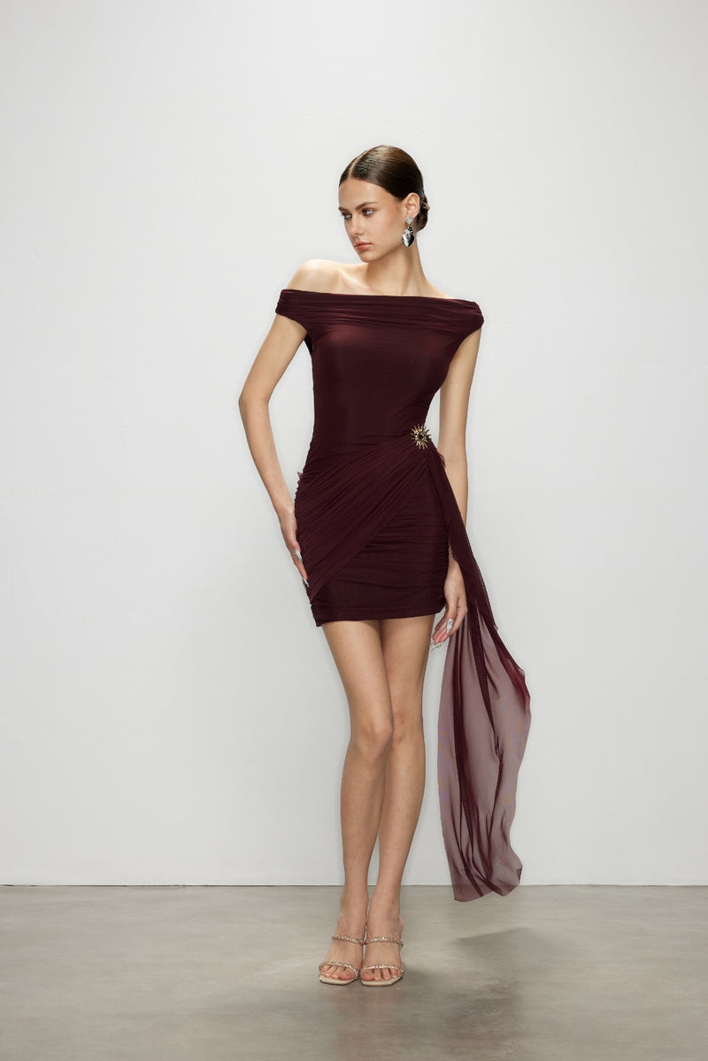 Artel Retro Sheer Deep Red Off-shoulder Mini  Dress