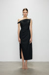 Artel Retro Black Off-Shoulder Long Split-Hem Midi Dress