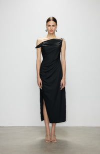 Artel Retro Black Off-Shoulder Long Split-Hem Midi Dress