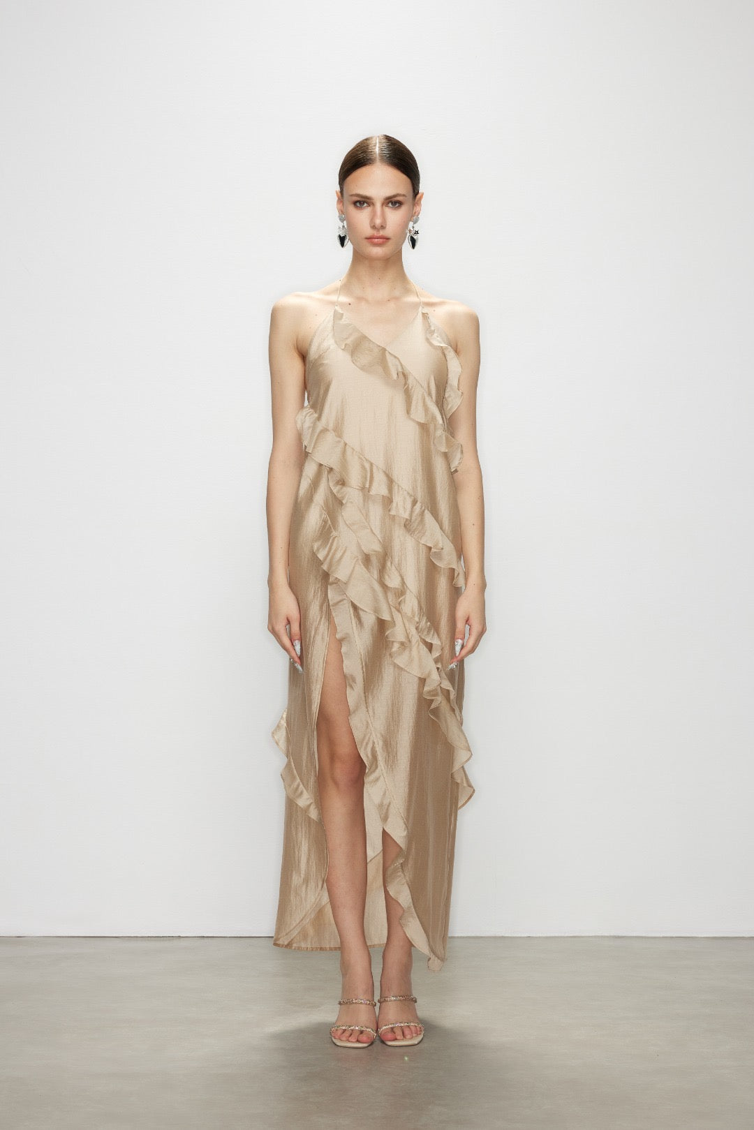 Artel Retro Wave Kiss Light Brown Ruffled High-Slit Dress