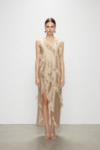 Artel Retro Wave Kiss Light Brown Ruffled High-Slit Dress