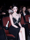 KINGWEN Black Chain Gemstone Halter Dress