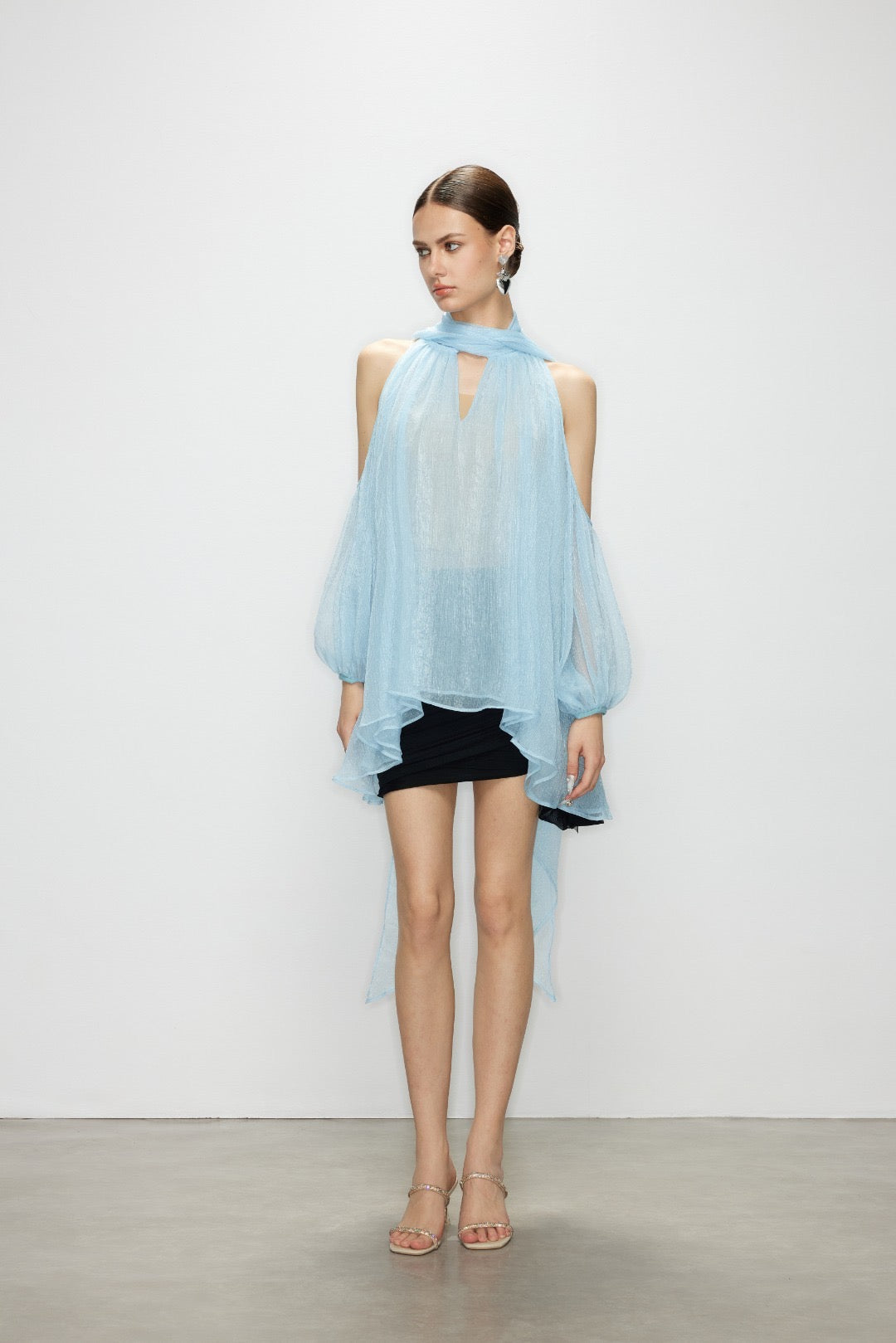 Artel Retro Light  Blue Off-Shoulder Ribbon Top