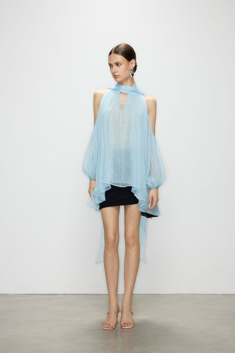 Artel Retro Light  Blue Off-Shoulder Ribbon Top
