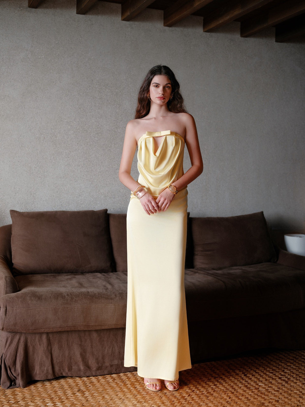 Sheer Luck Aurelia Minimal Bow Open-Back Strapless Dress (Yellow)