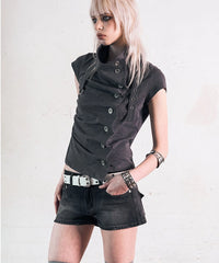 NOTKNOWING Drape Button Shirring Top (GREY)