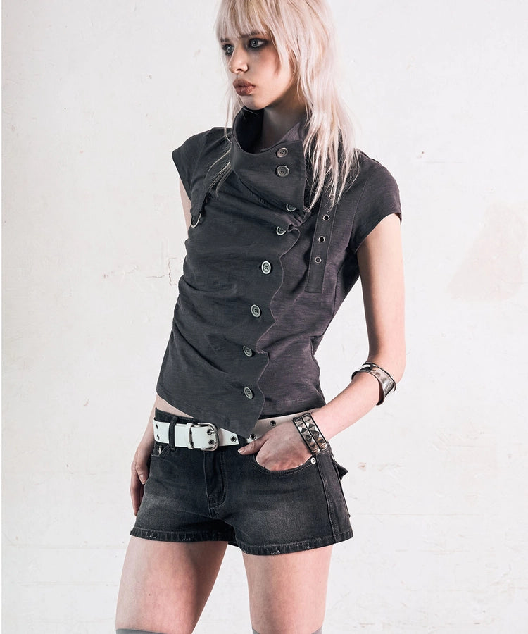 NOTKNOWING Drape Button Shirring Top (GREY)