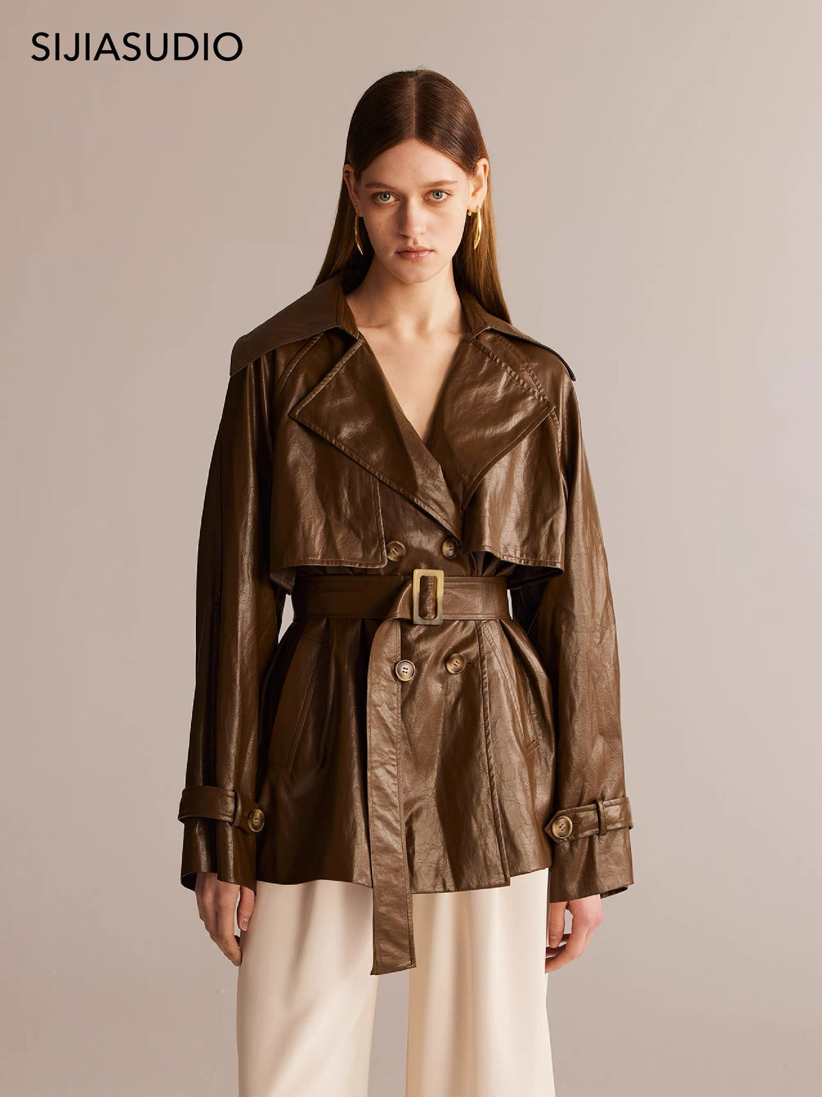 SIJIA Mid-Length Eco-Leather Trench Coat (Coffee)