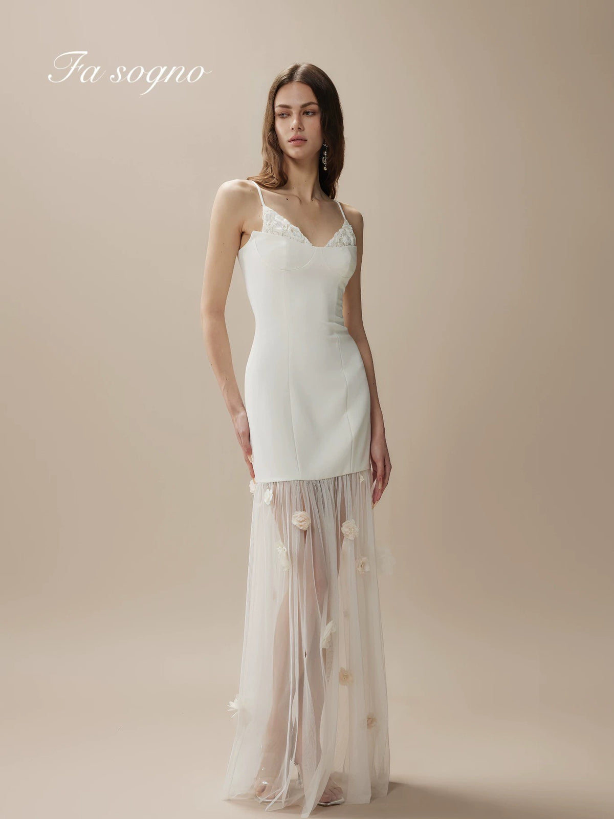 Fa Sogno White Camellia Shadow Formal Tulle Slip Maxi Dress product image 8