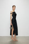 Artel Retro Black Off-Shoulder Long Split-Hem Midi Dress