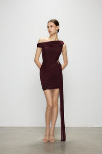 Artel Retro Sheer Deep Red Off-shoulder Mini  Dress