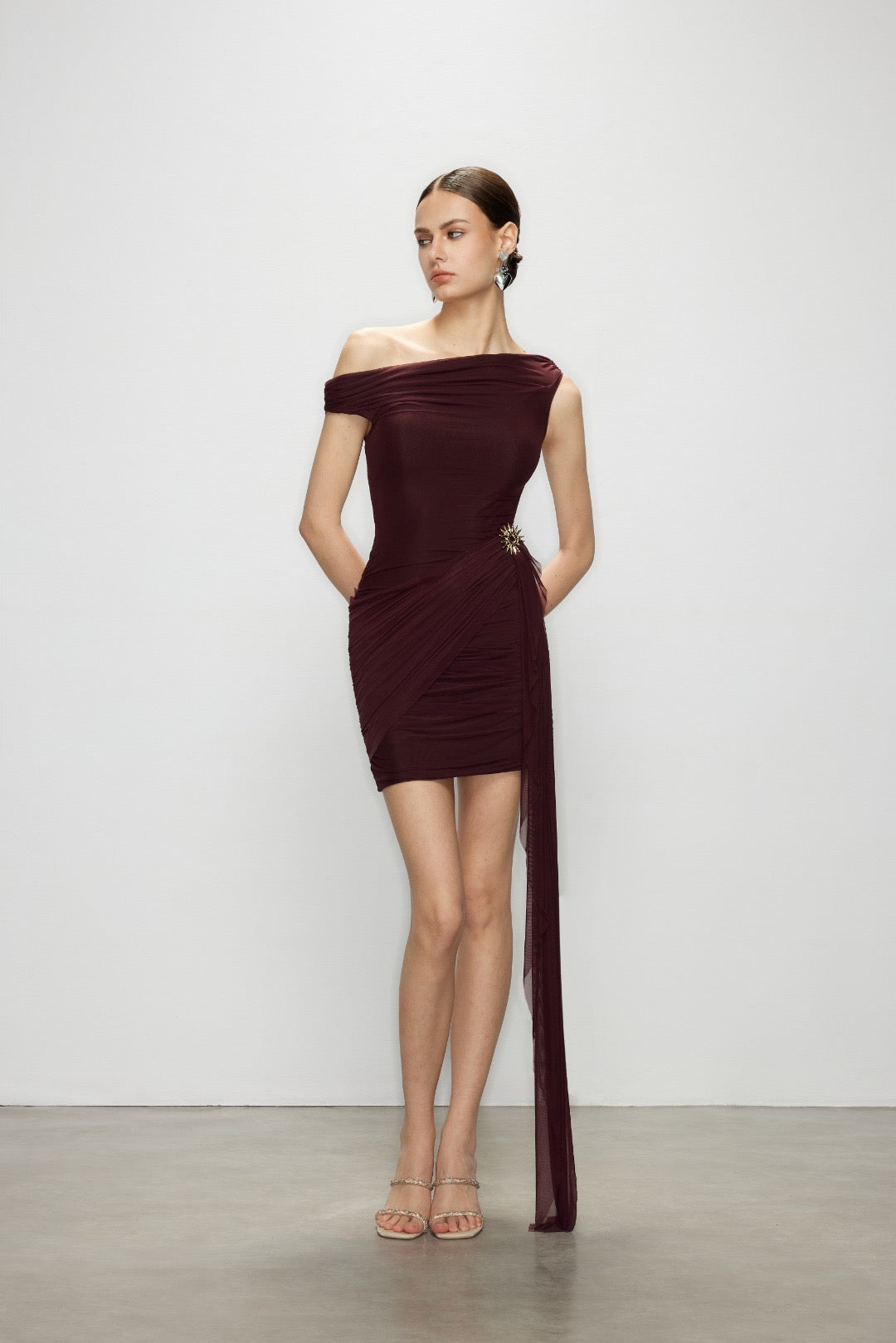 Artel Retro Sheer Deep Red Off-shoulder Mini  Dress