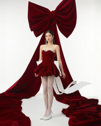 LANE CI 圣诞红色甜美抹胸可拆卸蝴蝶结套装蓬蓬裙