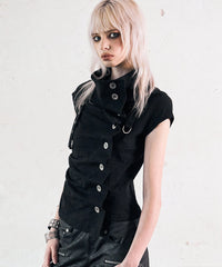 NOTKNOWING Drape Button Shirring Top (BLACK)