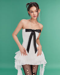 LANE CI Camella White Ribbon Ruffle Tube Dress
