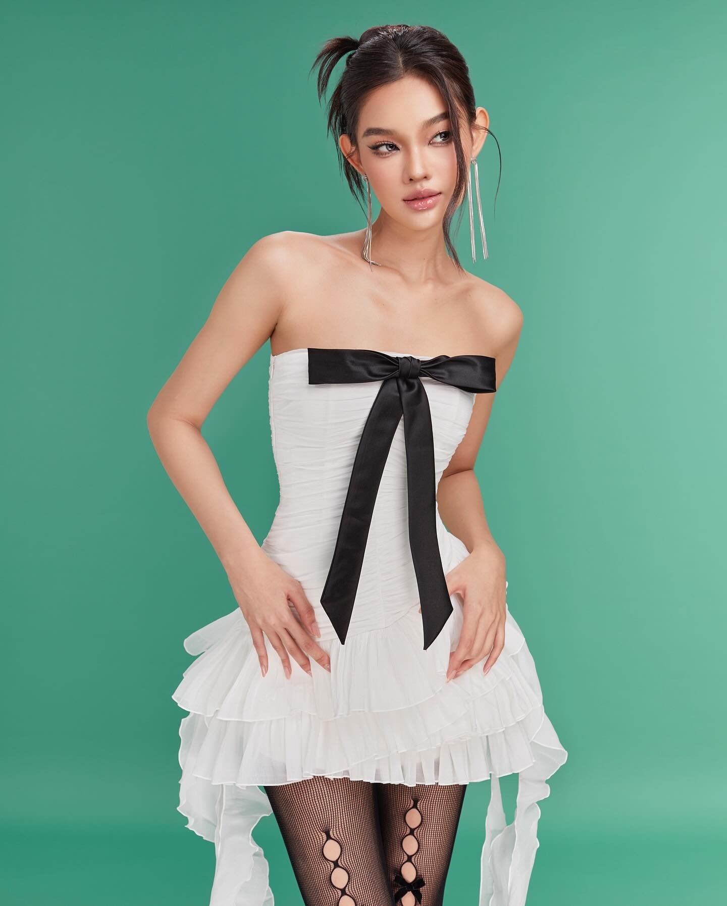 LANE CI Camella White Ribbon Ruffle Tube Dress