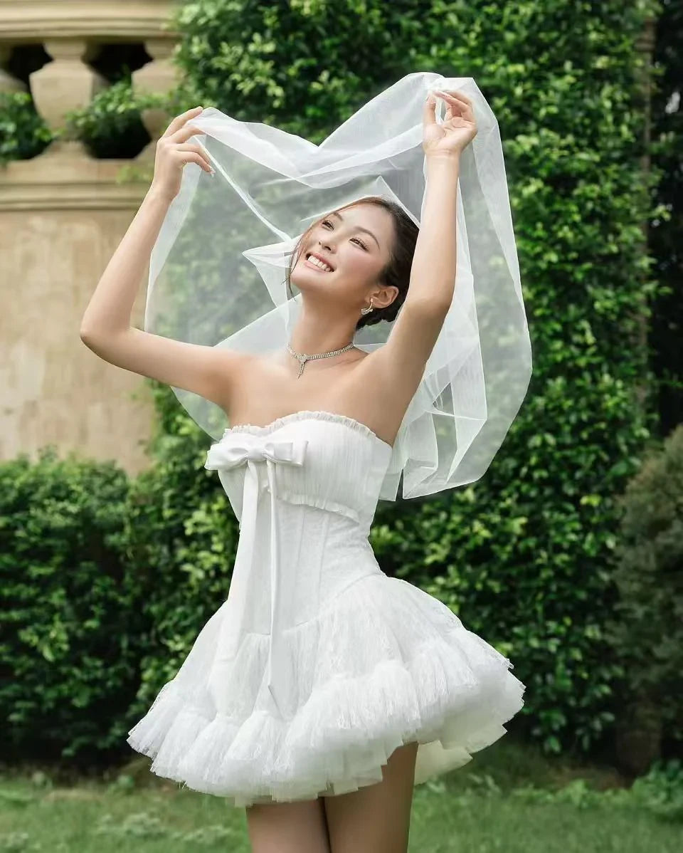 LANE CI Bella 蝴蝶结鱼骨抹胸蓬蓬裙（白）