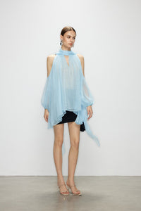 Artel Retro Light  Blue Off-Shoulder Ribbon Top